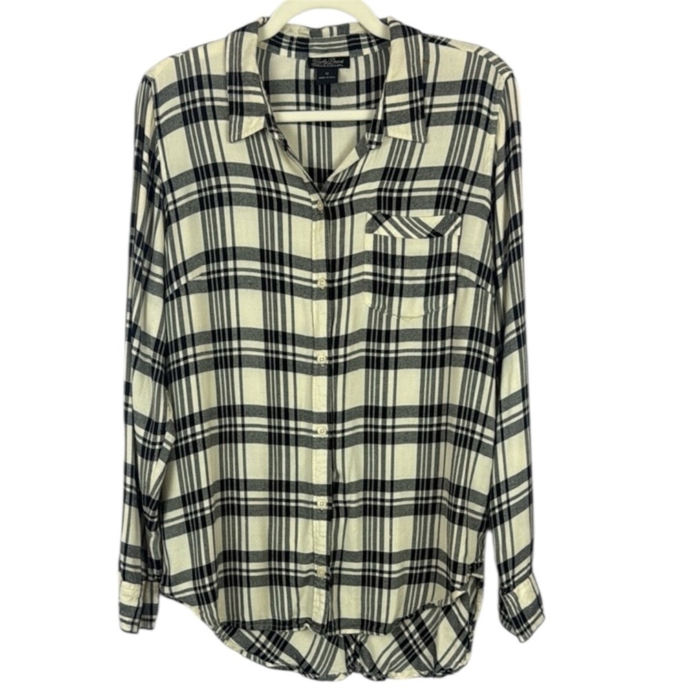 Lucky Brand 100% Modal Black and Cream Plaid Button Down Shirt Size Medium